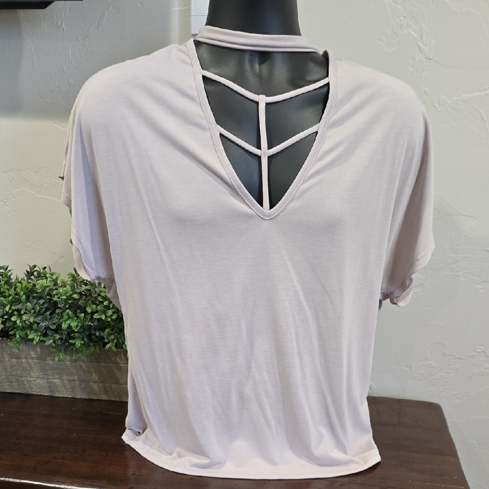J.O.A. Soft Beige Short Sleeve Tee with Geometric Back